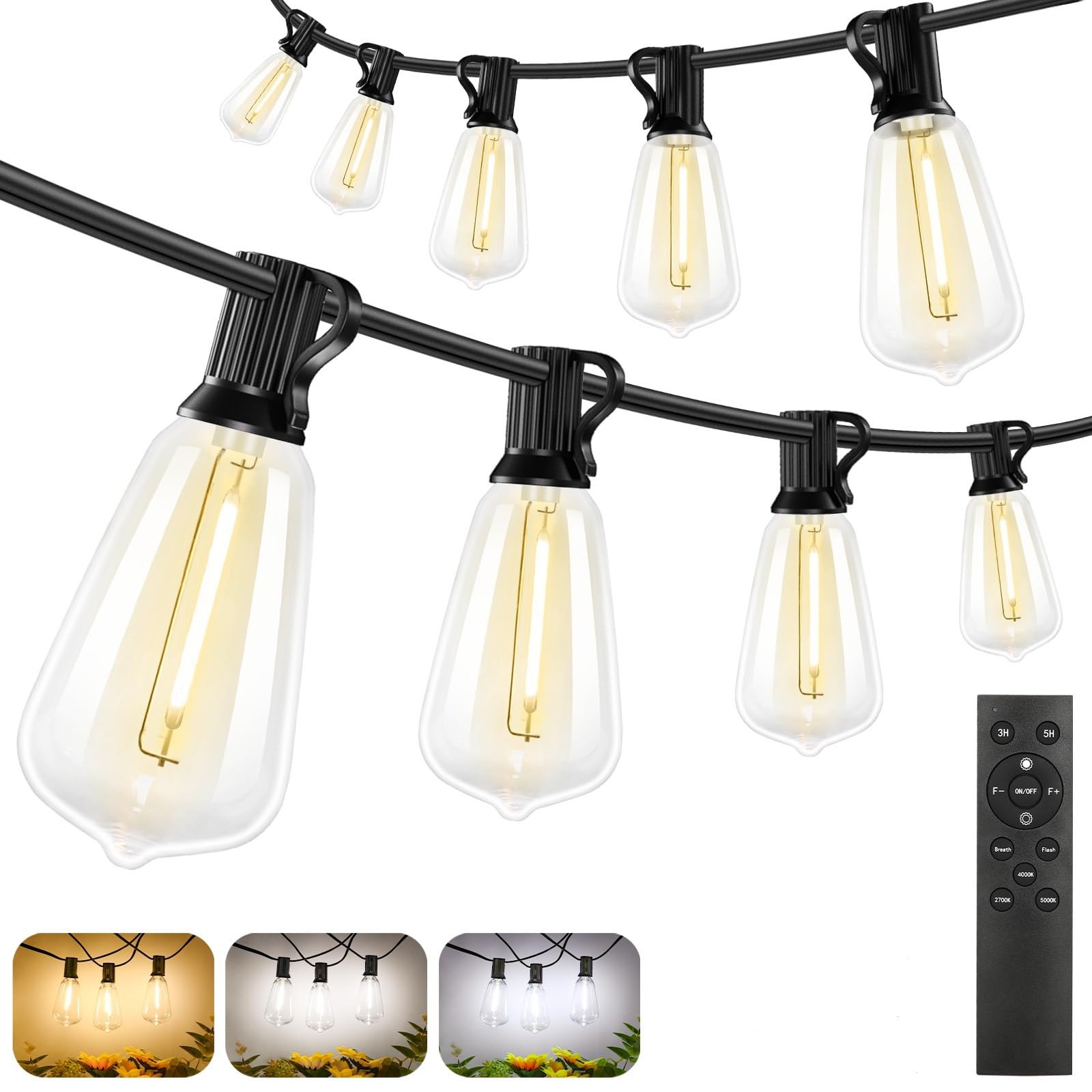 Photo 1 of Brightever 3 Color in 1 Outdoor String Lights with Remote, 150FT LED String Lights for Outside with 47 ST38 Vintage LED Bulbs, Waterproof IP65 Outdoor Light for Patio, Bistro, 2700K/4000K/5000K