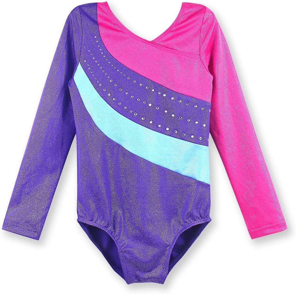 CEMXX Gymnastics Long Sleeve Leotards for Girls Ballet Sparkle Ribbons Unitard Toddler Biketard
