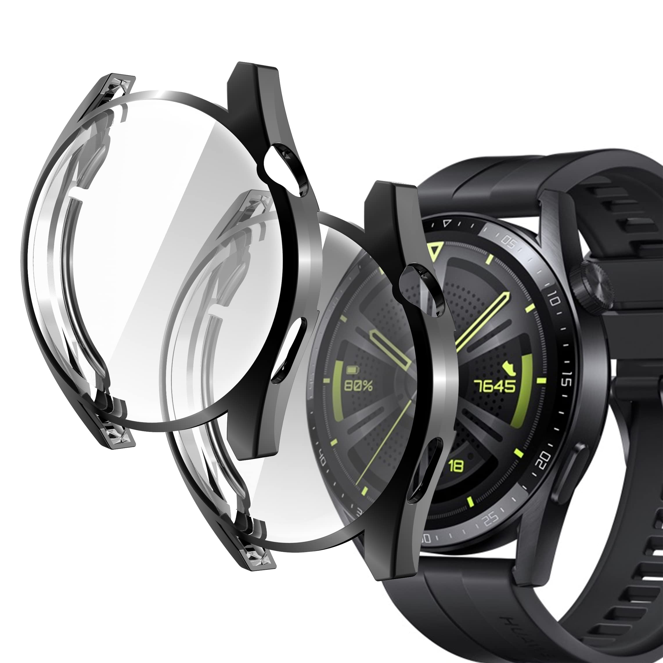 sciuU Protective Case compatible with Huawei GT 3 46mm, [2 Pack] All-around Flexible TPU Case with Screen Protector, Soft Frame Shock Resistant Cover fit GT3 Smartwatch - Black + Black