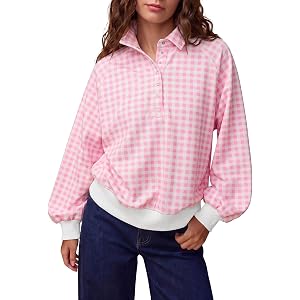 Fisoew Womens Oversized Sweatshirts Casual Long Sleeve Gingham Quarter Snap Stand Collar Loose Pullover Tops