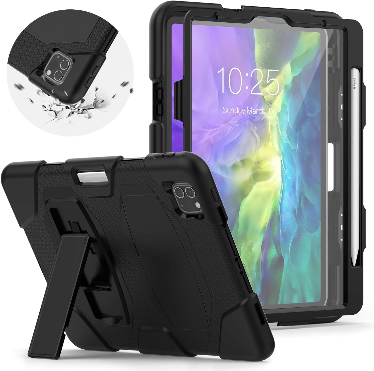 HXCASEAC New iPad Pro 11 Case 2nd Generation 2020 & 2018 with Pencil Holder/Screen Protector/Stand, [Support Apple Pencil 2 Wireless Charging], Full Body Protective Rugged Shockproof Case, Black