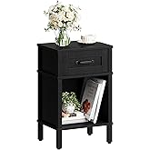 YAUKTAK Farmhouse Nightstand with Drawer, Small Wood Side Table, Wooden Bedroom Nightstand, Wood Night Stand, Black Bedside Table with Storage, Black End Table for Living Room LET512B