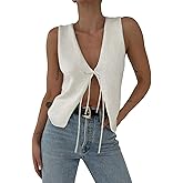 Ynocfri Women Crochet Vest Knit Tie Front V Neck Sleeveless Vests Top Y2k Vintage Going Out