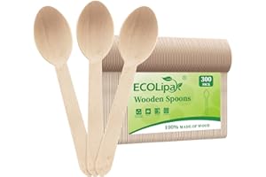 ECOLipak 300 Count Wooden Disposable Spoons, Compostable Wooden Spoons for Party, Camping, Traveling, Family Dinners