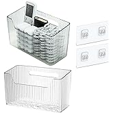 Set Of 2 Storage Organizer Bins Wall Mounted Shower Basket, Shower Caddy Stackable Clear Plastic Makeup Organizer Adhesive Hanging Bin for Bathroom, Kitchen, Cabinet, Pantry, BPA Free, Clear