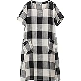 FTCayanz Women's Linen Shirt Dresses Summer Casual Short Sleeve Plaid Tunic Midi Dress