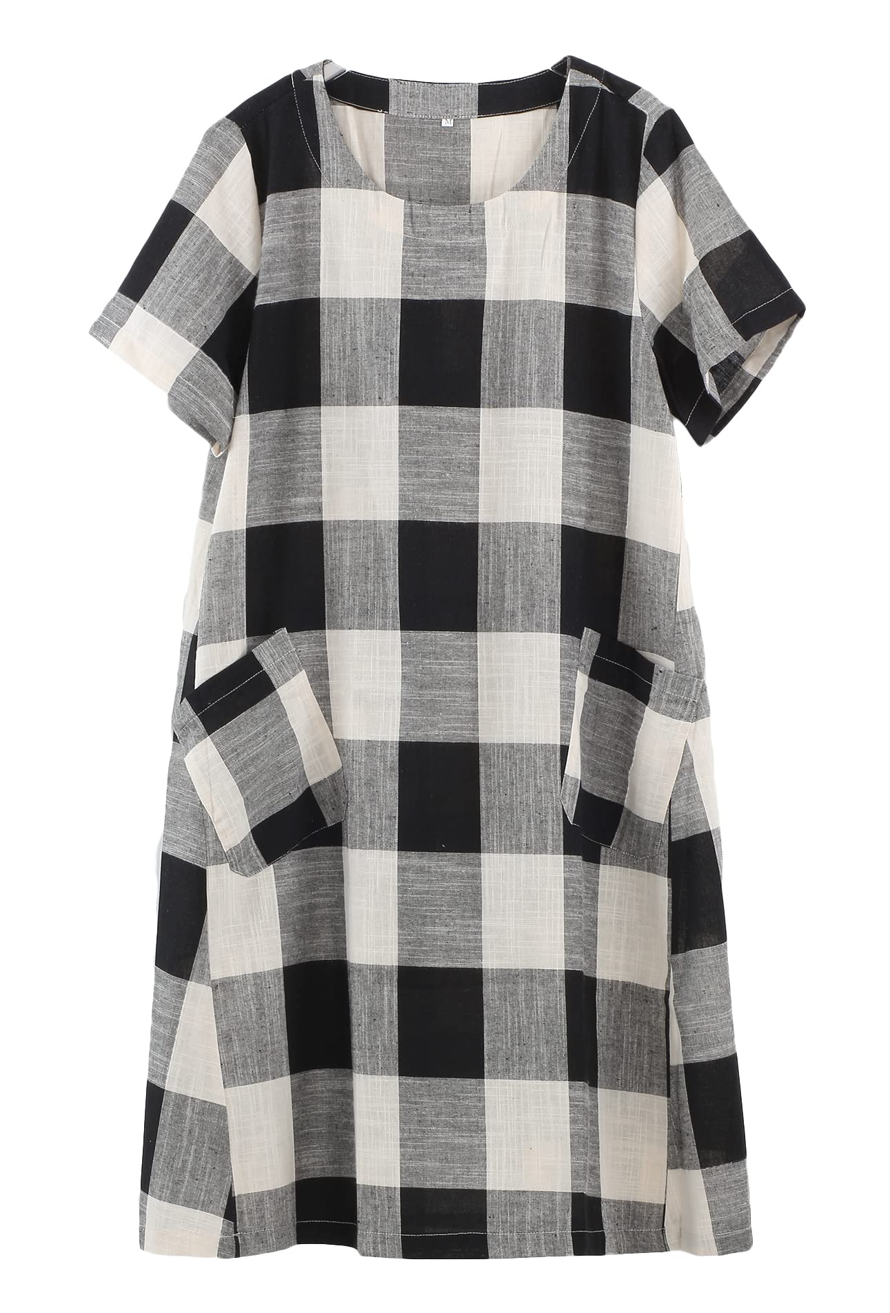 Photo 1 of FTCayanz Women's Linen Shirt Dresses Summer Casual Short Sleeve Plaid Tunic Midi Dress Black Medium
