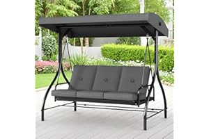 MAMIZO 3-Seat Patio Swing with Adjustable Canopy & Backrest, Outdoor Porch Swing Chair for Adults, Outside Porch Converting Bed Thickened Removable Cushions, 2mm Steel Pipe, for Garden, 750LBS