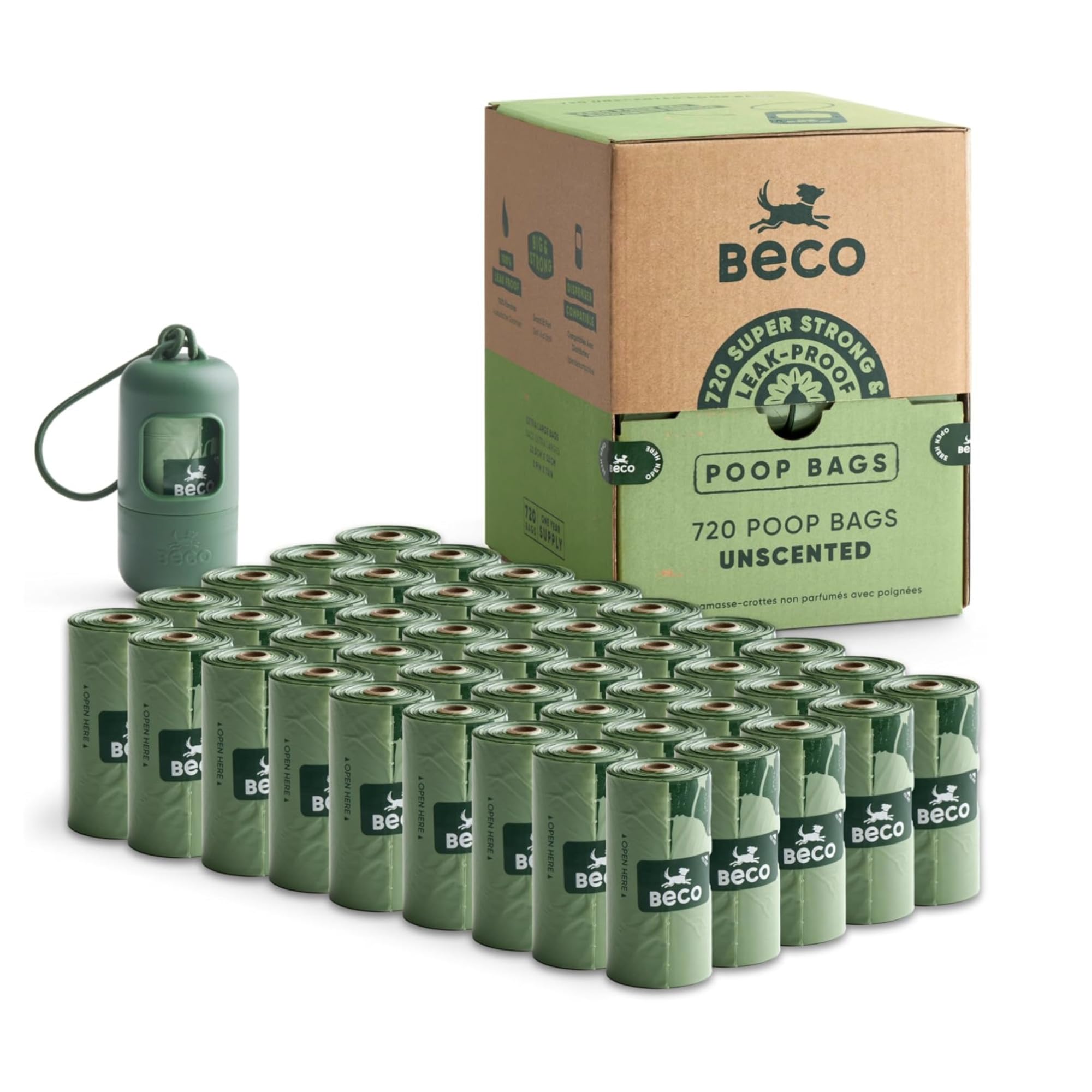 Beco Dog Poo Bags - Strong, Leakproof & Large - 100% Recycled Plastic, Extra Thick Dog Poop Bags, Heavy Duty - Unscented Refill Rolls, 720 Count