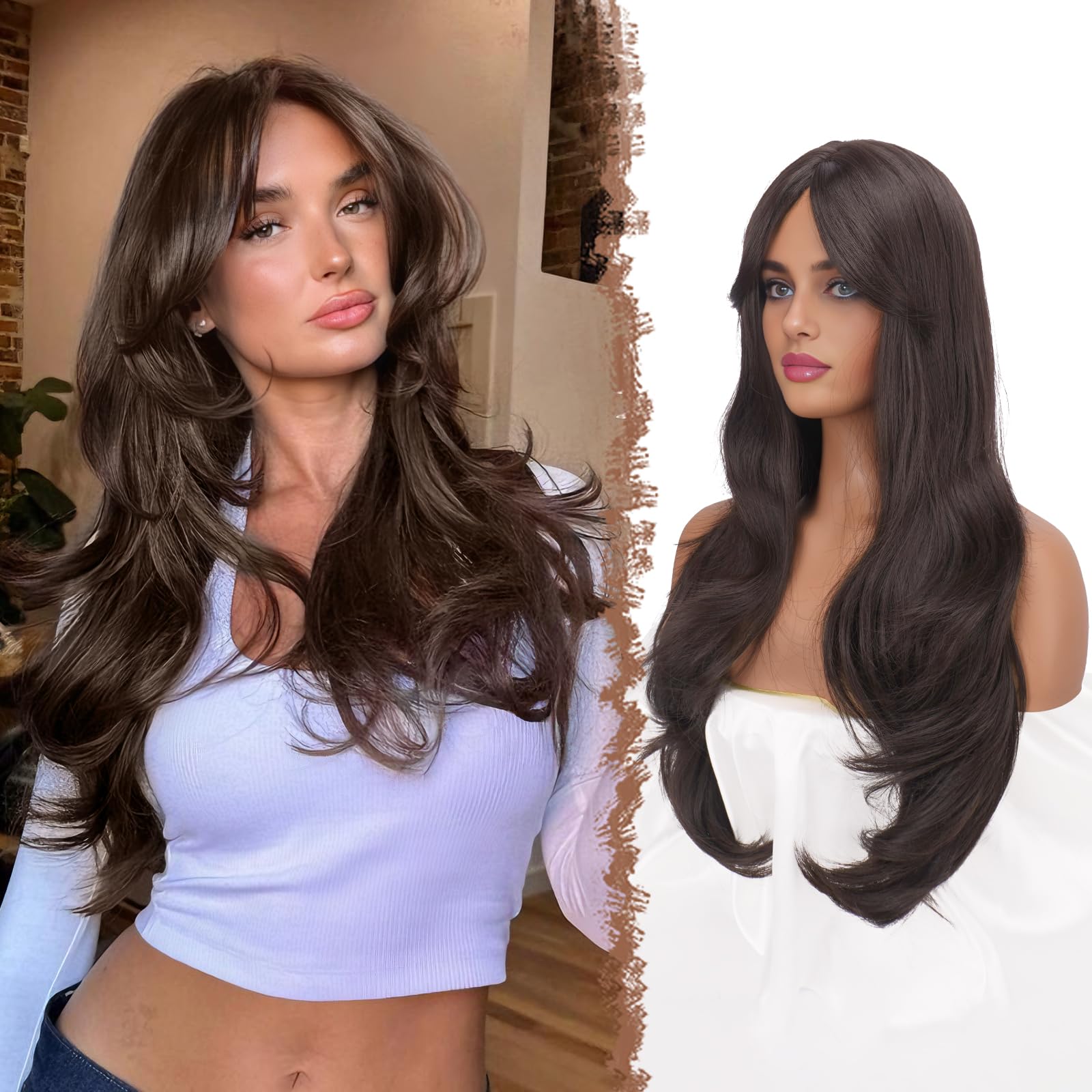 Photo 1 of FESHFEN Medium Brown Wig for Women, Long Layered Wigs with Bangs Natural Looking Synthetic Heat Resistant Hair Wig for Daily Use Party, 26 inch