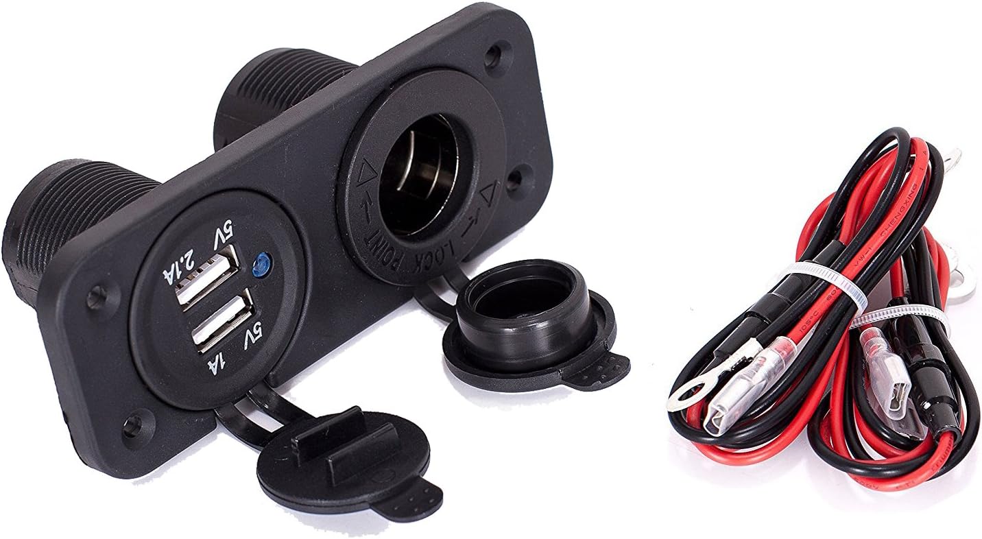 Lodou 12V Dual USB 2A/1A Charger Power Adapter Outlet Cigarette Lighter Socket Splitter With In-line 10A Fuse Wire for Car Boat Marine Motorcycle