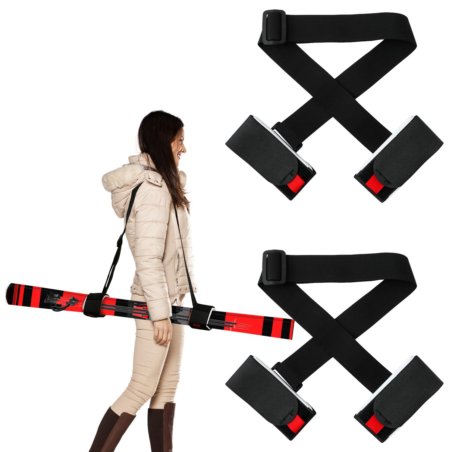 2 Pairs Ski Fastener Straps, Adjustable Ski Boot Straps with Protectors, Ski Carrier Straps, Ski Wraps, Ties, Equipment, Storage for Ski Poles, Boards for Outdoor Winter Sports Accessories, Black,