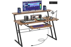 armocity 47'' Music Studio Desk with Power Outlet, Studio Desk for Music Production, Recording Studio Desk for Producer, Studio Workstation Desk for Music Recording, Piano Tray, Raised Stand, Rustic