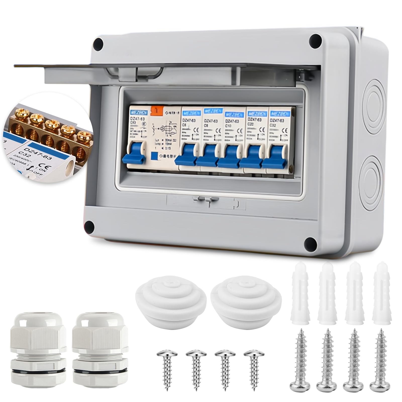 PRITOK Consumer Unit: Garage Consumer Unit with Assembly Tool, IP65 Waterproof Consumer Unit, Plastic Leakage Circuit Breaker with Fuse Box for Garage, Caravan, Workshops (5 Way)