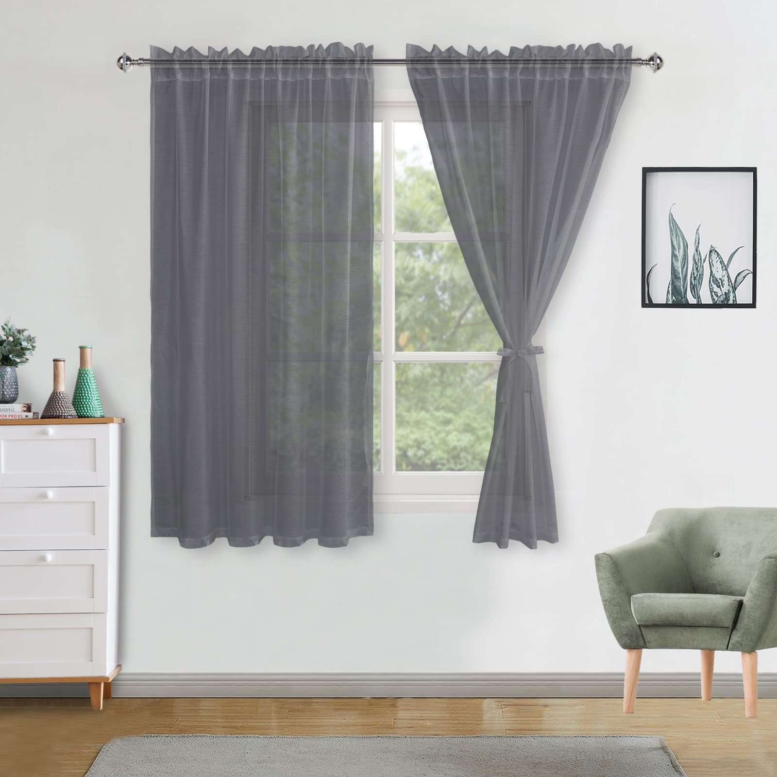 DWCN Dark Grey Sheer Curtains 54 Drop Rod Pocket Voile Curtains Semi Transparent Window Net Curtain with Tiebacks Elegant Voiles Soft Home Drapes for Bedroom/Kitchen/Living Room,56 Inch Wide，2 Panels