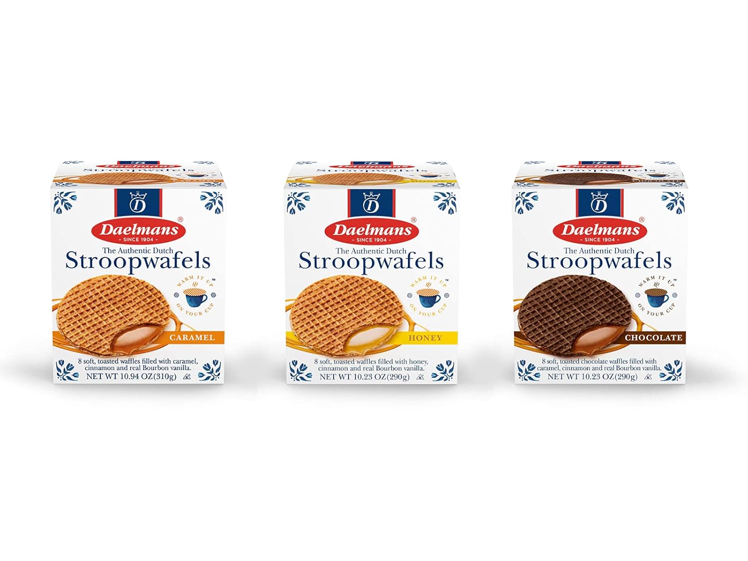 DAELMANS Stroopwafels, Dutch Waffles Soft Toasted, 3 Pack Assortment, Caramel, Honey, Chocolate, Office Snack, Jumbo Size, Kosher Dairy, Authentic Made In Holland, 8 Stroopwafels Per Box (3 Pack)