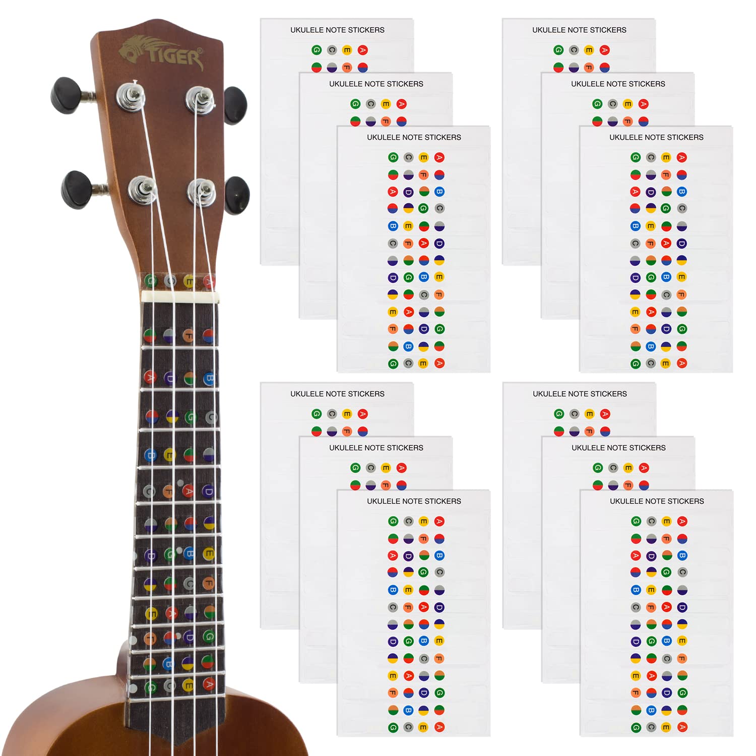 Tiger UKE-12-STICKER Ukulele Note Sticker Sheet for Beginners Fretboard Markers - Pack of 12