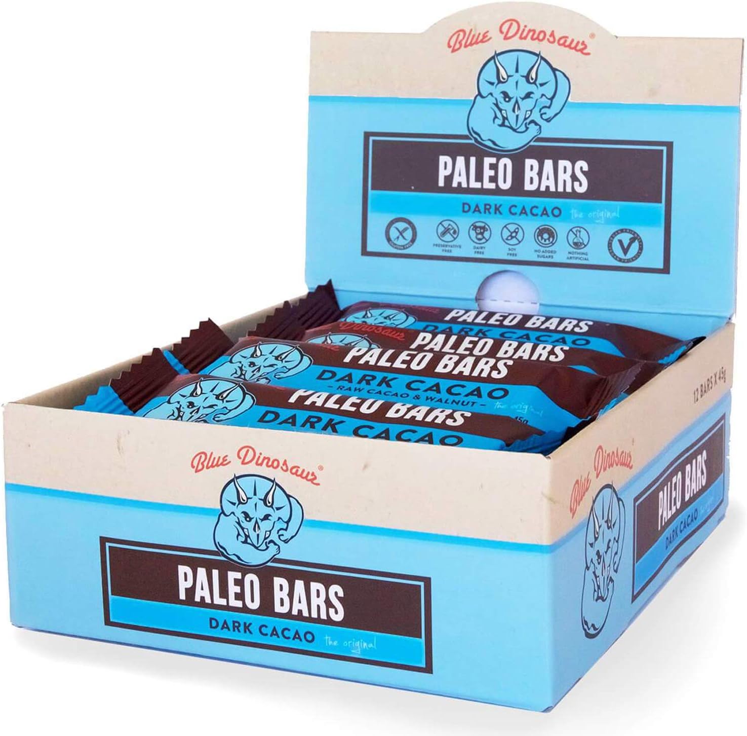 Blue Dinosaur Dark Cacao Paleo Bars (Box of 12 x 45g Bars) - 100% Natural - Nothing Artificial - Only 5 Ingredients - Gluten Free - Grain Free - Vegan - No Added Sugars