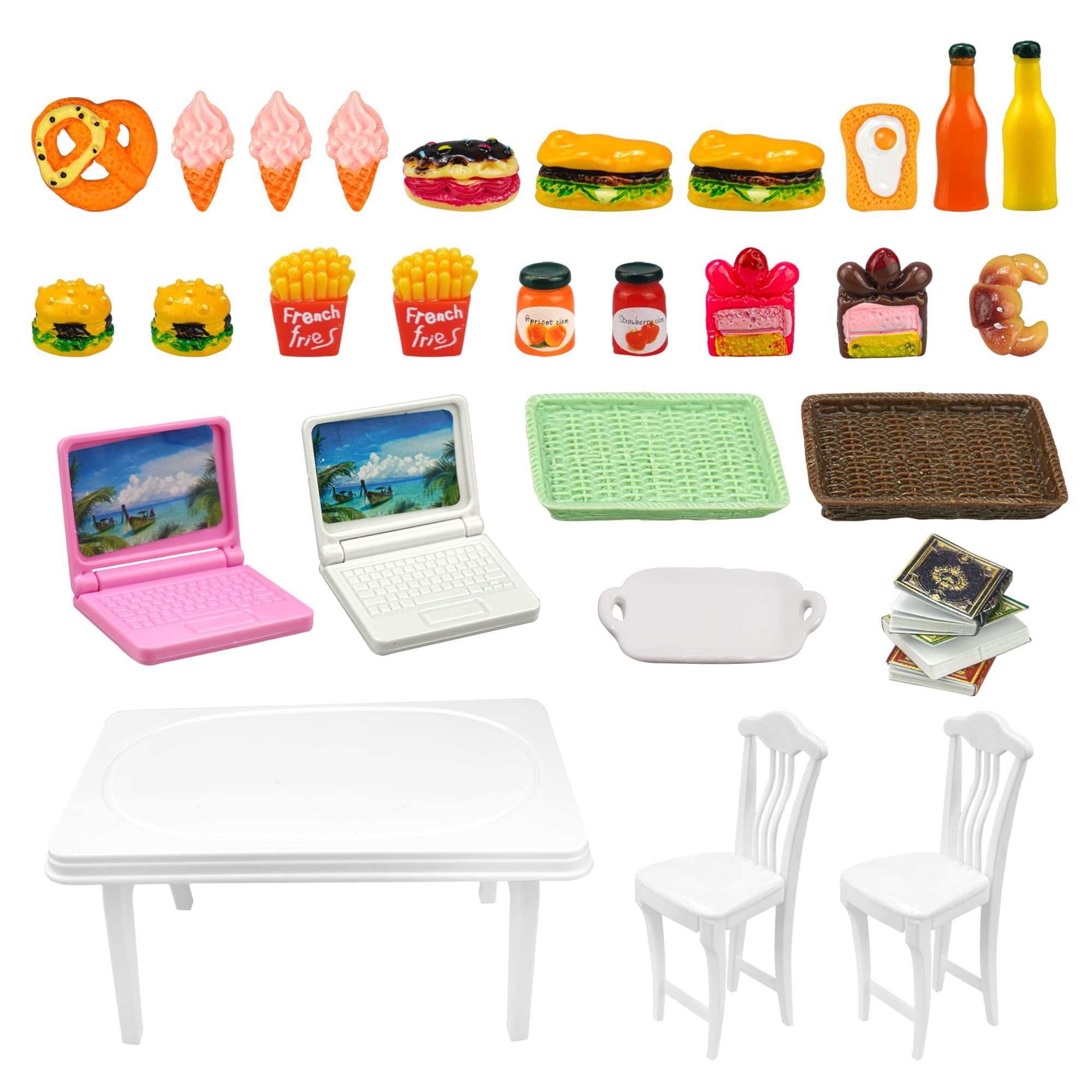 Photo 1 of 30 Pcs Miniature Food Drinks Laptop Computer Books Toys Dollhouse Miniature Furniture Plastic Table Fits Accessories Scale Dollhouse Playsets Girl Mini Drink Food Party
