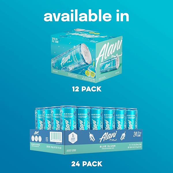 ALANI NU BLUE SLUSH, SUGAR FREE, LOW CALORIE ENERGY DRINKS, 200MG CAFFEINE, BIOTIN, B VITAMINS, ZERO SUGAR, 10 CALORIES, 12 FL OZ CANS, 12 PACK