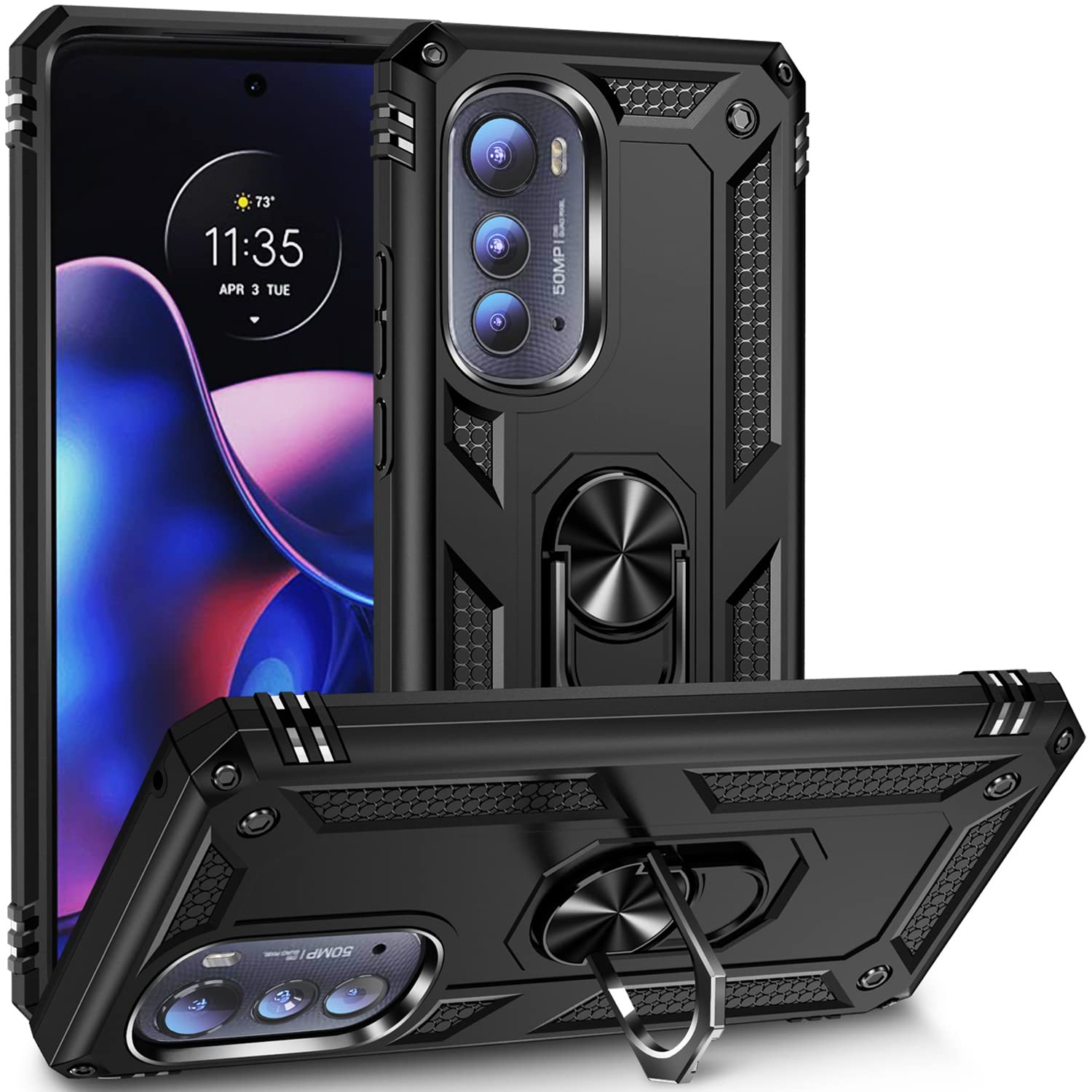 Photo 1 of Military Grade Drop Impact for Moto Edge 2022 Case 360 Metal Rotating Ring Kickstand Holder Armor Heavy Duty Shockproof Case for Motorola Moto Edge 2022 Phone Case (Black)