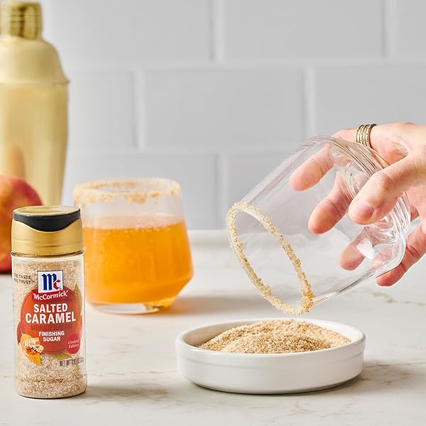 MCCORMICK FINISHING SUGAR, SALTED CARAMEL, RICH, CREAMY CARAMEL WITH A TOUCH OF SALT, ADD TO WARM BEVERAGES, SPRINKLE ON TREATS & SNACKS, NO COLORS FROM ARTIFICIAL SOURCES, 3.81 OZ
