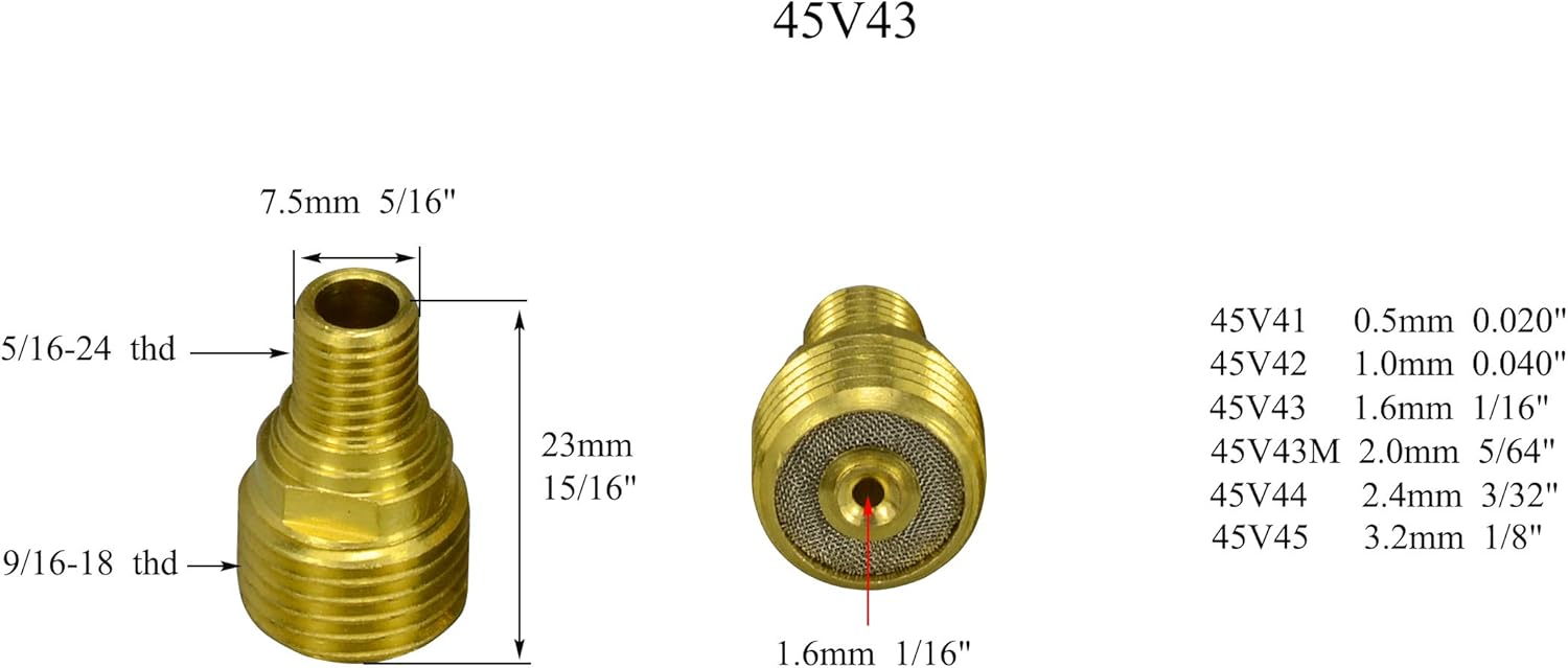 TIG Gas Lens Collet Body 13N21 45V42 (.040" & Ø1.0mm) 13N22 45V43 (1/16" & Ø1.6mm) 45V44 13N23 (3/32" & Ø2.4mm) 45V45 13N24 (1/8" & Ø3.2mm) Pyrex Cup #4 ~ #12 WP 9 20 25 TIG Welding Torch 39pcs - - 