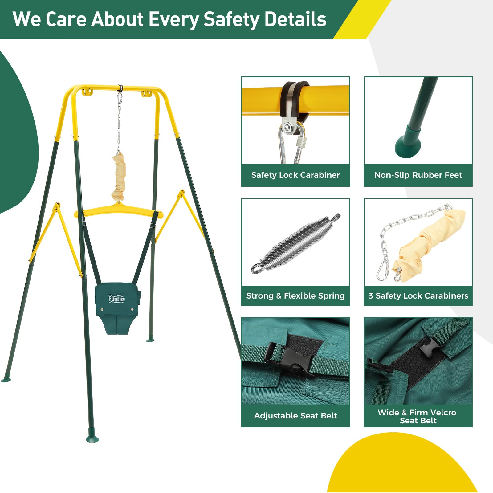 FUNLIO Baby Jumper with Stand for 6-24 Months, Infant Jumper for Indoor/Outdoor Play, Toddler Jumper for Baby Girl/Boy, with Adjustable Chain, Easy to Assemble & Store (with Stand) - Green