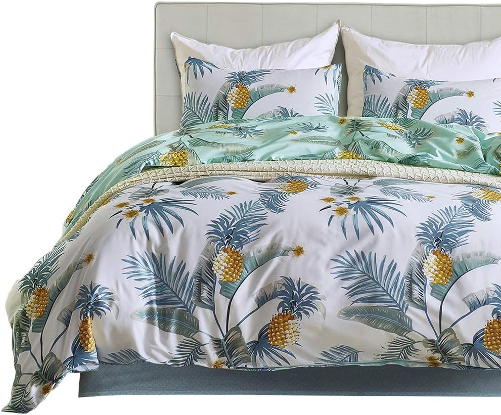 Luofanfei Printed Duvet Cover Set King Size,3Pcs Quilt Cover Set Pineapples Leaves Pattern,1 Duvet Cover + 2 Pillowcases with Zipper Closure Corner Ties