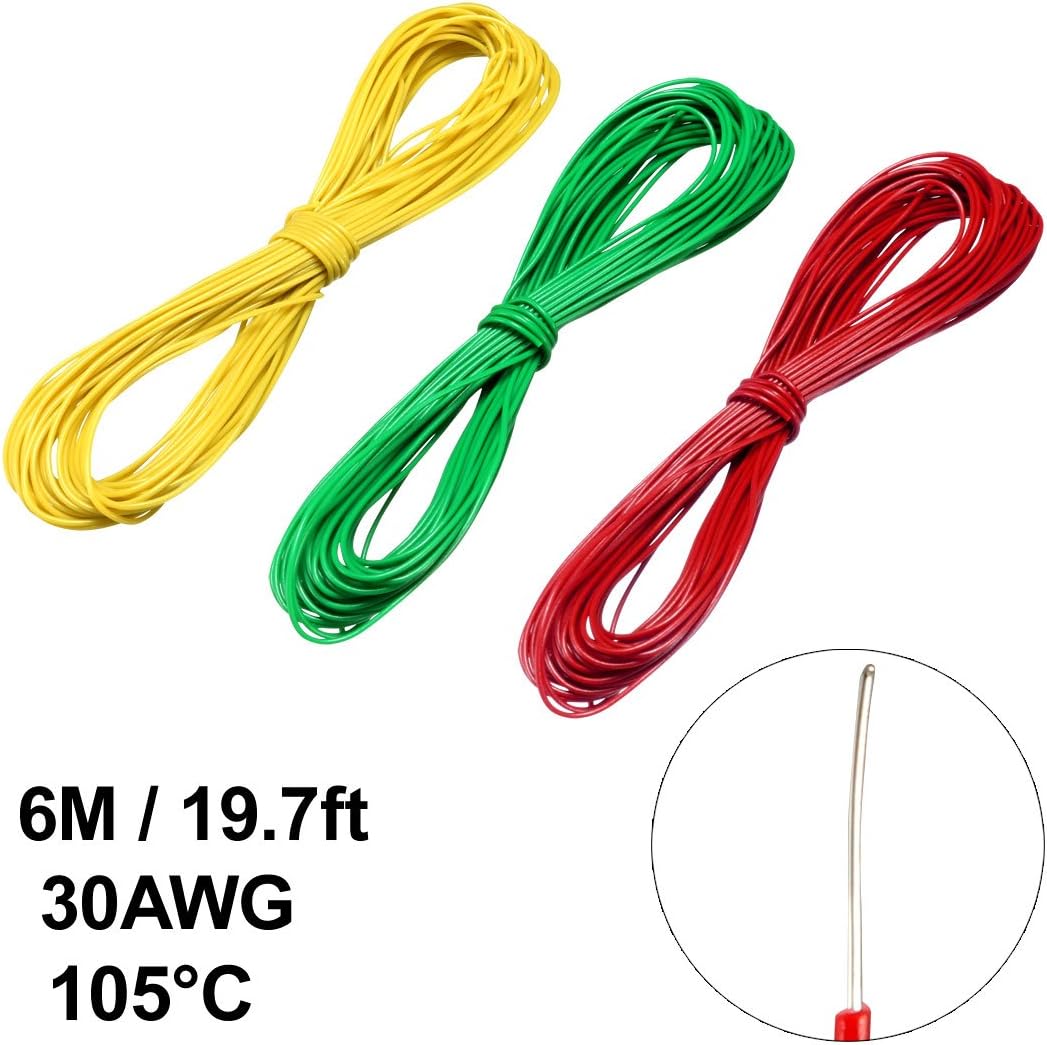 sourcing map 3 Pcs Wrapping Wire Tin Plated Copper Wire PCB Wires Cable P/N DM-30-1000 30AWG 6M Length Red Green Yellow for Eletronic Test - Image 3