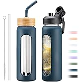 NOLOGLAZIC 24oz Glass Water Bottle with Straw and 2 Lids-Bamboo and Spout Lid, Borosilicate Glass Water Bottle with Silicone Sleeve and Time Marker,BPA Free & Cupholder Friendly,Dark Blue
