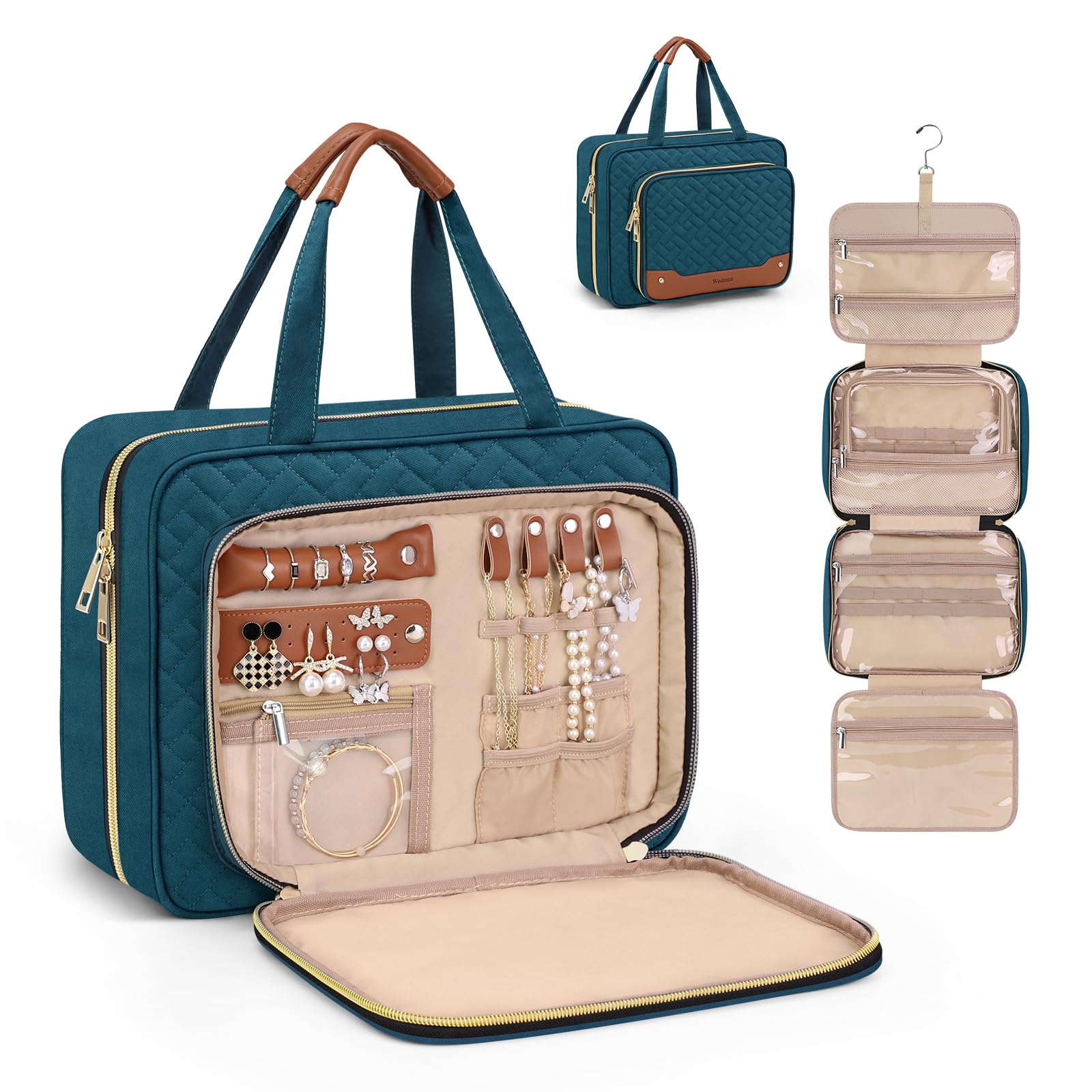 Photo 1 of Wedama Toiletry Bag for Women, Hanging Travel Toiletry Bag with Jewelry Organizer Compartment Large Makeup Bag, PVC Waterproof Cosmetic Travel Bag for Travel Business Trips Camping Bathroom, Blue