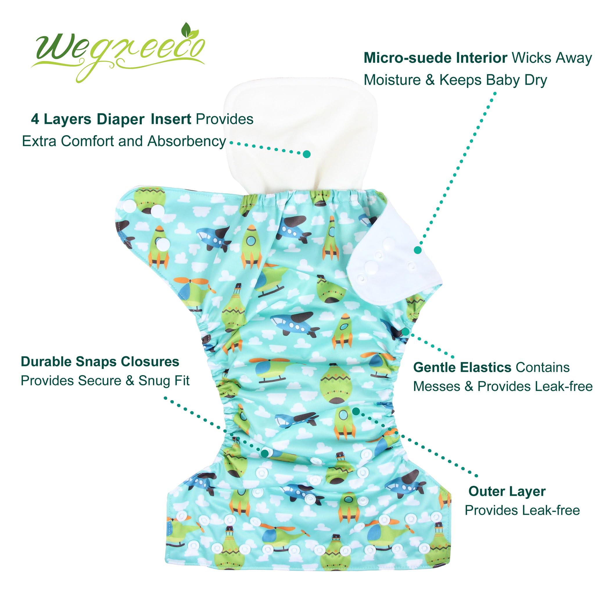 wegreeco Cloth Diapers 6 Pack with 6 Inserts & 1 Wet Bag, Washable Cloth Diapers for Babies, One Size Adjustable Reusable (Car, Airplane)