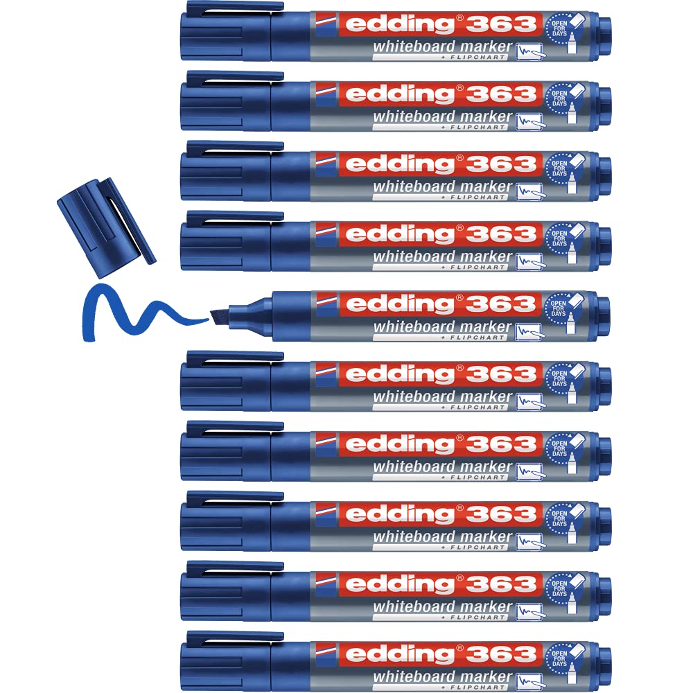 edding 363 whiteboard marker - blue - 10 whiteboard pens - chisel tip 1-5 mm - whiteboard pen dry wipe - for whiteboards, flipcharts, pinboards, magnetic and memo boards - sketchnotes - refillable