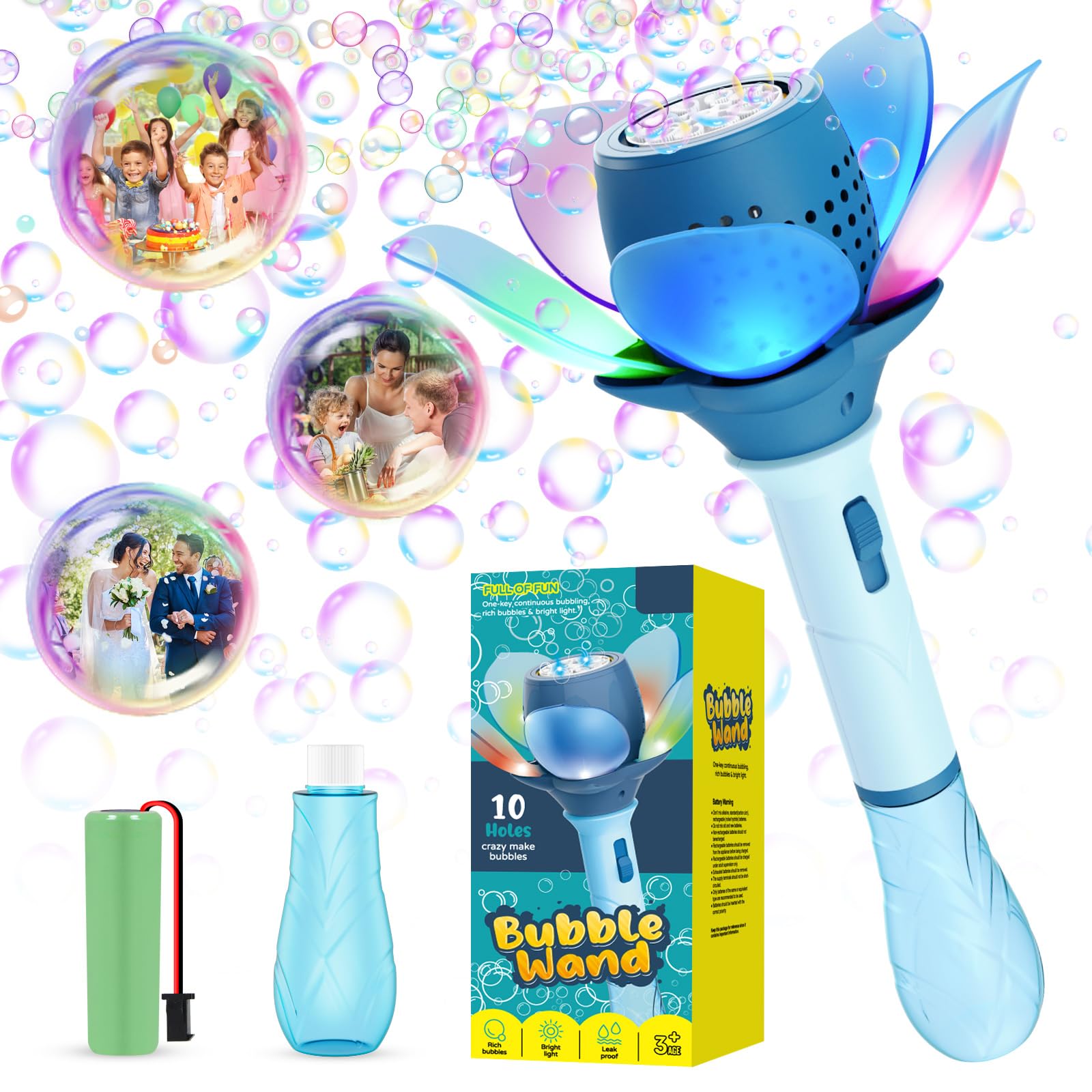 Panamalar Electric Bubble Wand for Kids, Light Up Flower Bubble Machine with Lights/Rechargeable Battery/120ml Solution, Automatic Bubble Blower Toys 10000+ Bubbles/Min for Outdoor Party Wedding