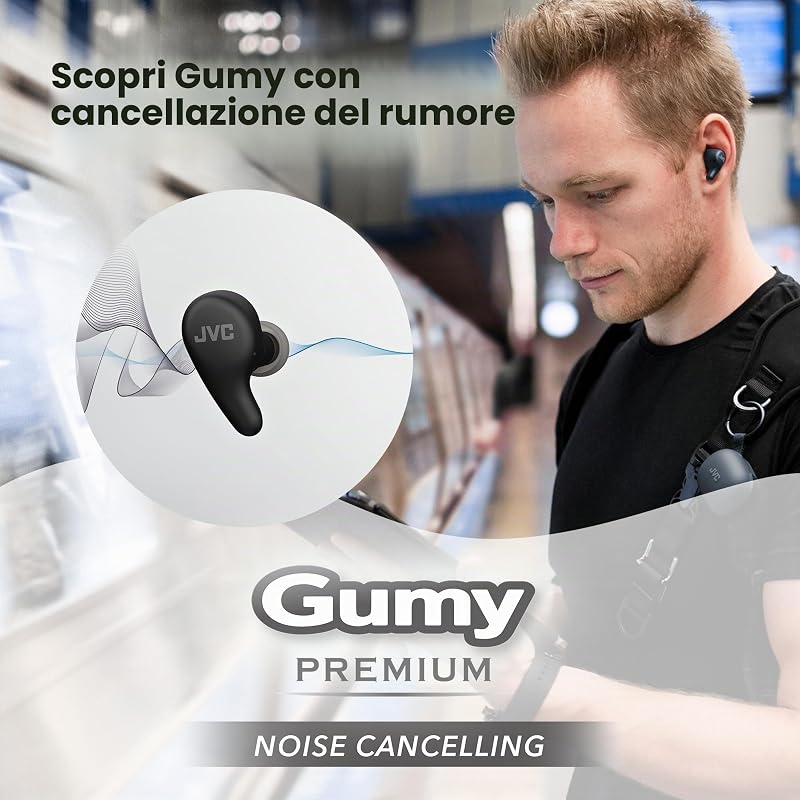 HA-A23T-B - Auricolari True Wireless Gumy Premium con Cancellazione del Rumore, Bluetooth 5.4, Modalità Suono Ambientale, 26 ore di autonomia e Custodia di Ricarica Traslucida, USB-C, Nero