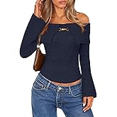 MEROKEETY Women's Off Shoulder Sweater 2025 Fall Cute Bell Long Sleeve Ribbed Knit Winter Pullover Knit Outfits