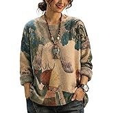 Women's Boho Christmas Sweater, Oversized Long Sleeve Graphic Knit Pullover, Loose Fit Casual Top with Drop Shoulder