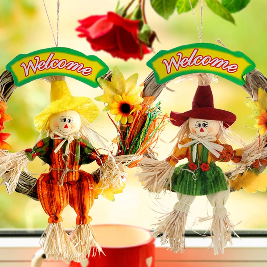 IFOYO Scarecrow Wreath, 2 Pack Hanging Scarecrows for Happy Halloween Decorations Thanksgiving Decor Autumn Fall Harvest Decoration for Home, Front Door, Indoor Wall, (S, 10.6x10.6in / 27x27cm)
