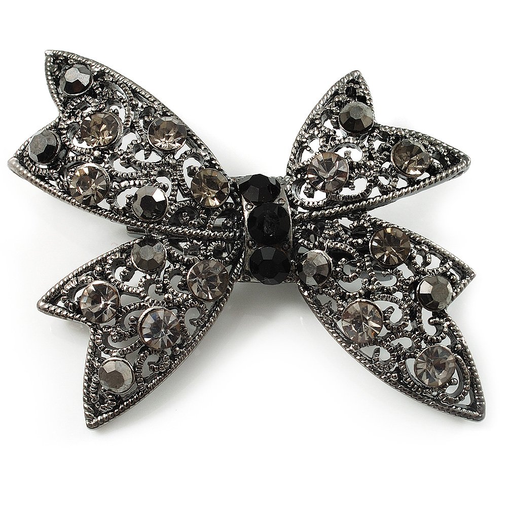 Gun Metal Filigree Crystal Bow Brooch