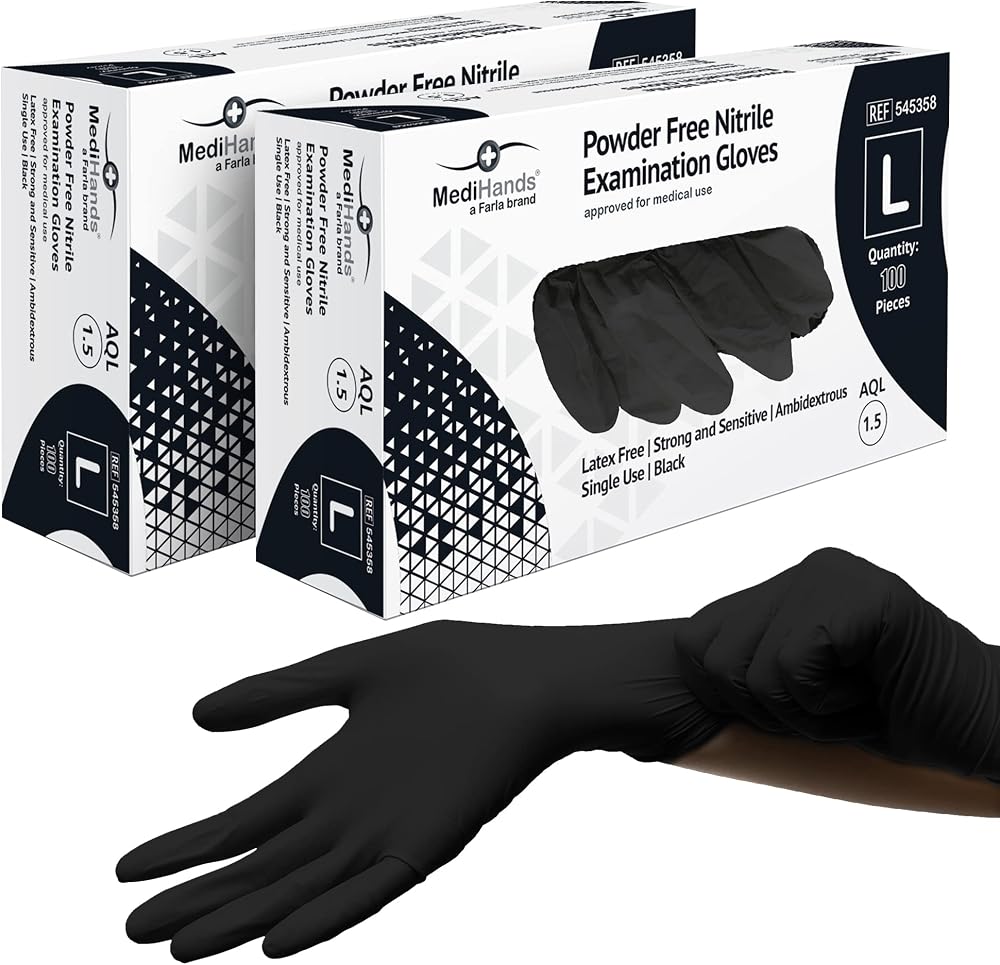 Farla Medical MediHands Disposable Large Nitrile Gloves Black Box 200