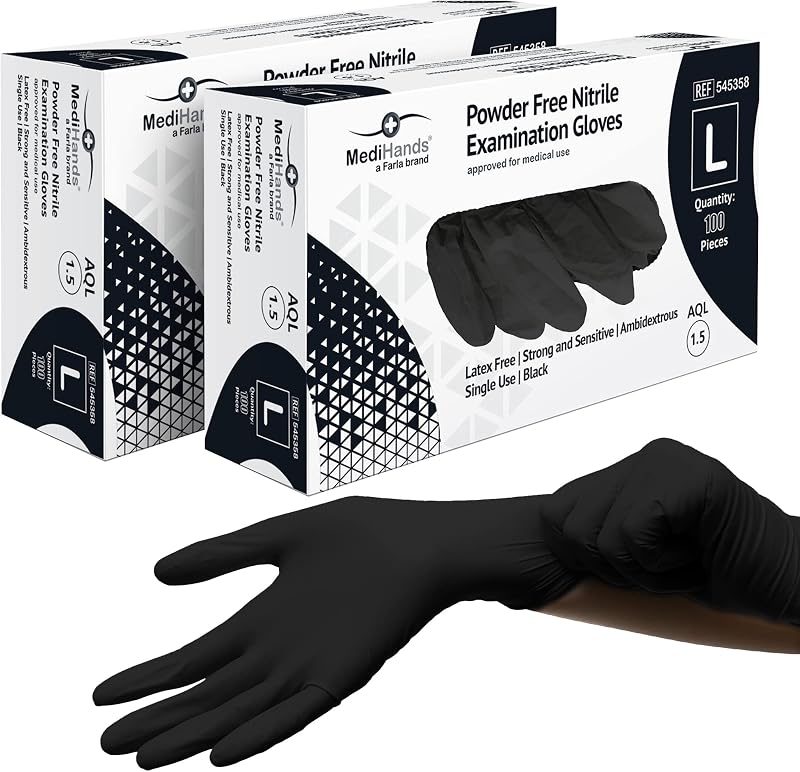 Farla Medical MediHands Disposable Large Nitrile Gloves Black Box 200