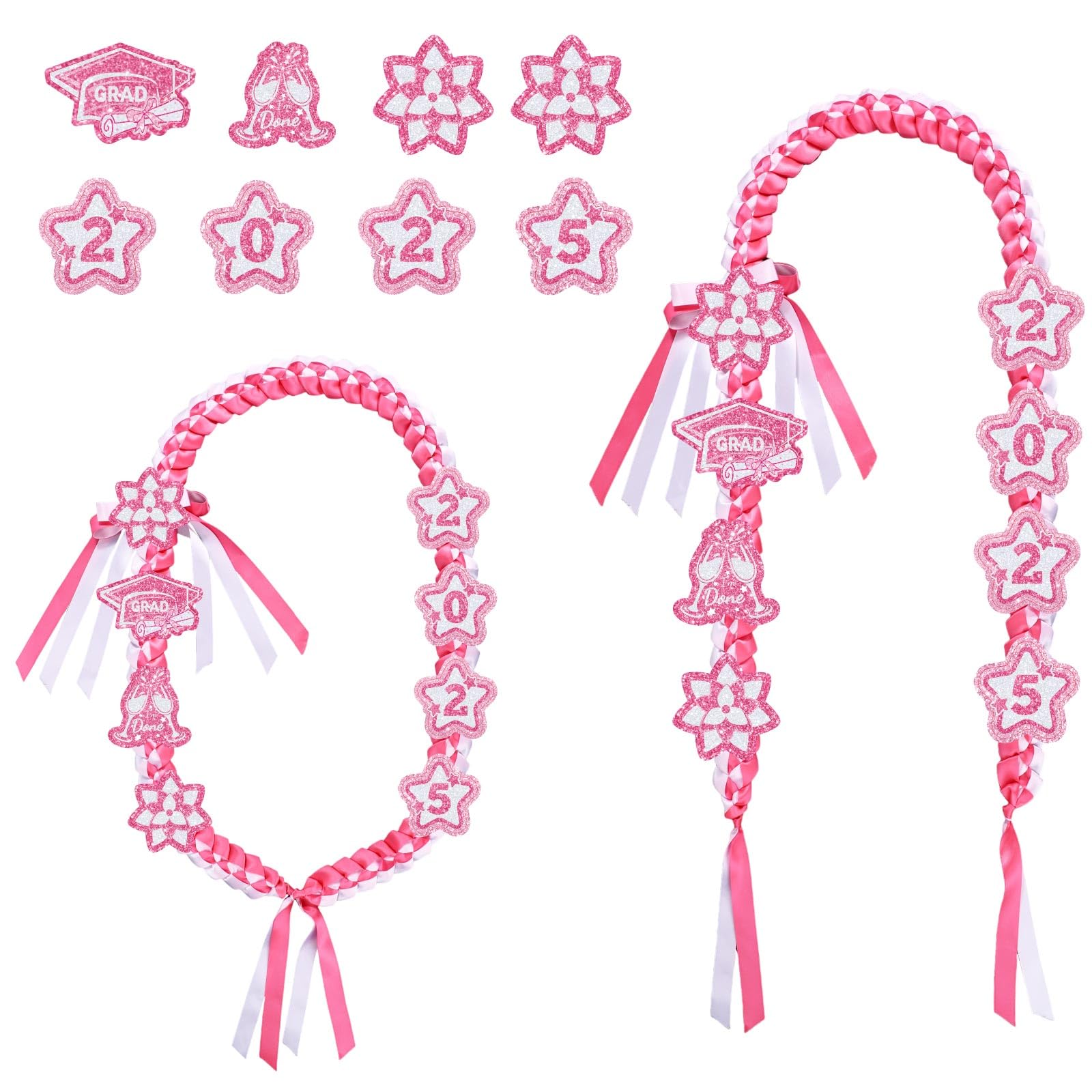 Photo 1 of BOXOB 9pcs Graduation Leis Set, Class of 2025 Graduation Neck Garland Braided Necklace Star Flower Ribbon Lei Decorations Grad Gifts for High School & College Ceremony Party (Pink White)