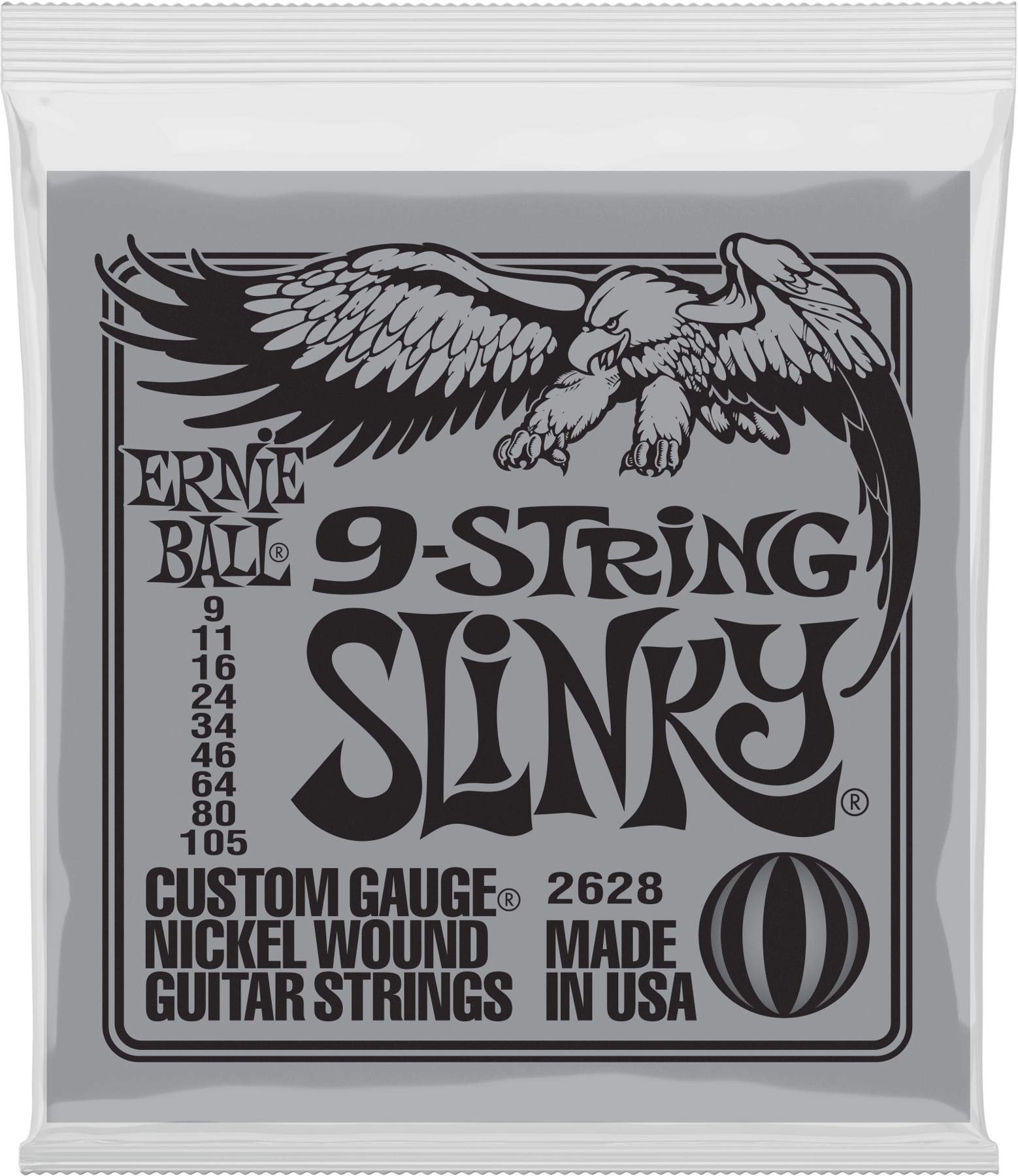 Ernie Ball P02628 Slinky 9-String Nickel Wound Electric Guitar Strings - 9-105 Gauge