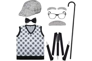 ATTBEA Old Man Costume for Kids 100 Days of School Costume for Boys with Old Man Hat, Old Person Glasses