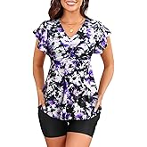 Yonique Women Tankini with Shorts and Pocket Two Piece Swimsuits Ruffle Sleeve Bathing Suit Flowy Swimwear