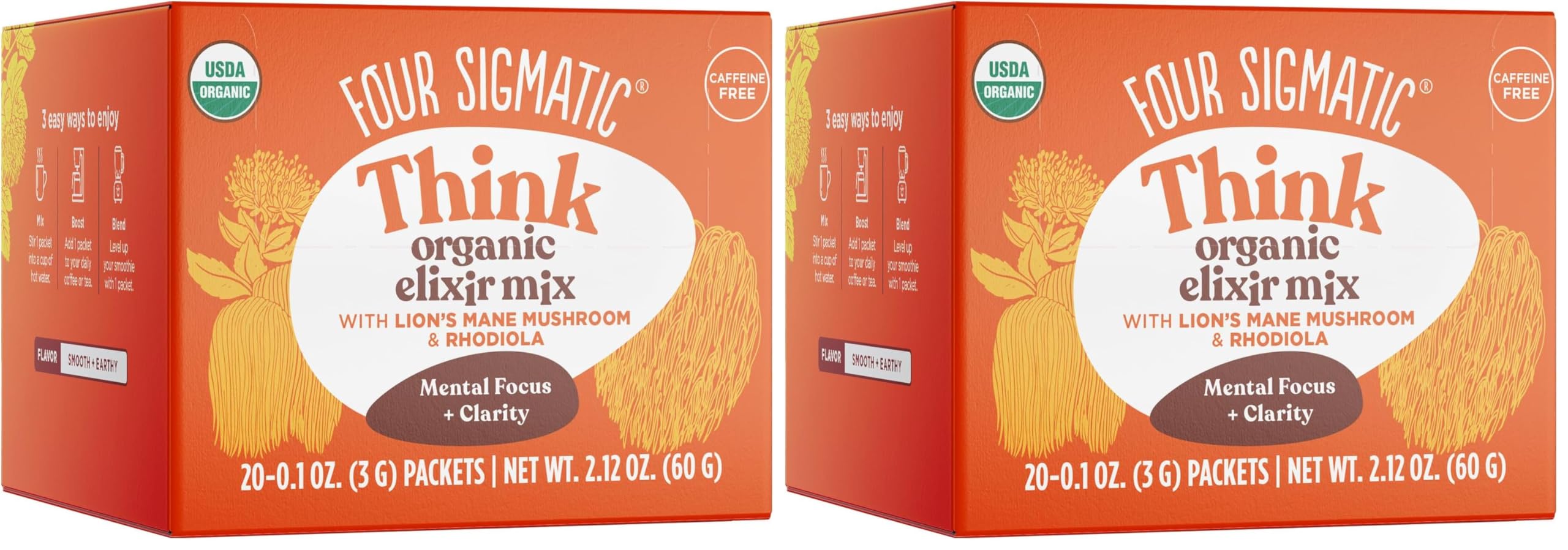 Four Sigmatic Lion’s Mane Focus Elixir Mushroom Coffee Alternative | Organic Lion’s Mane Mushroom Powder,Rhodiola & Rose Hips | Immune & Memory Support-| Paleo-|,20 Count (Pack of 2)