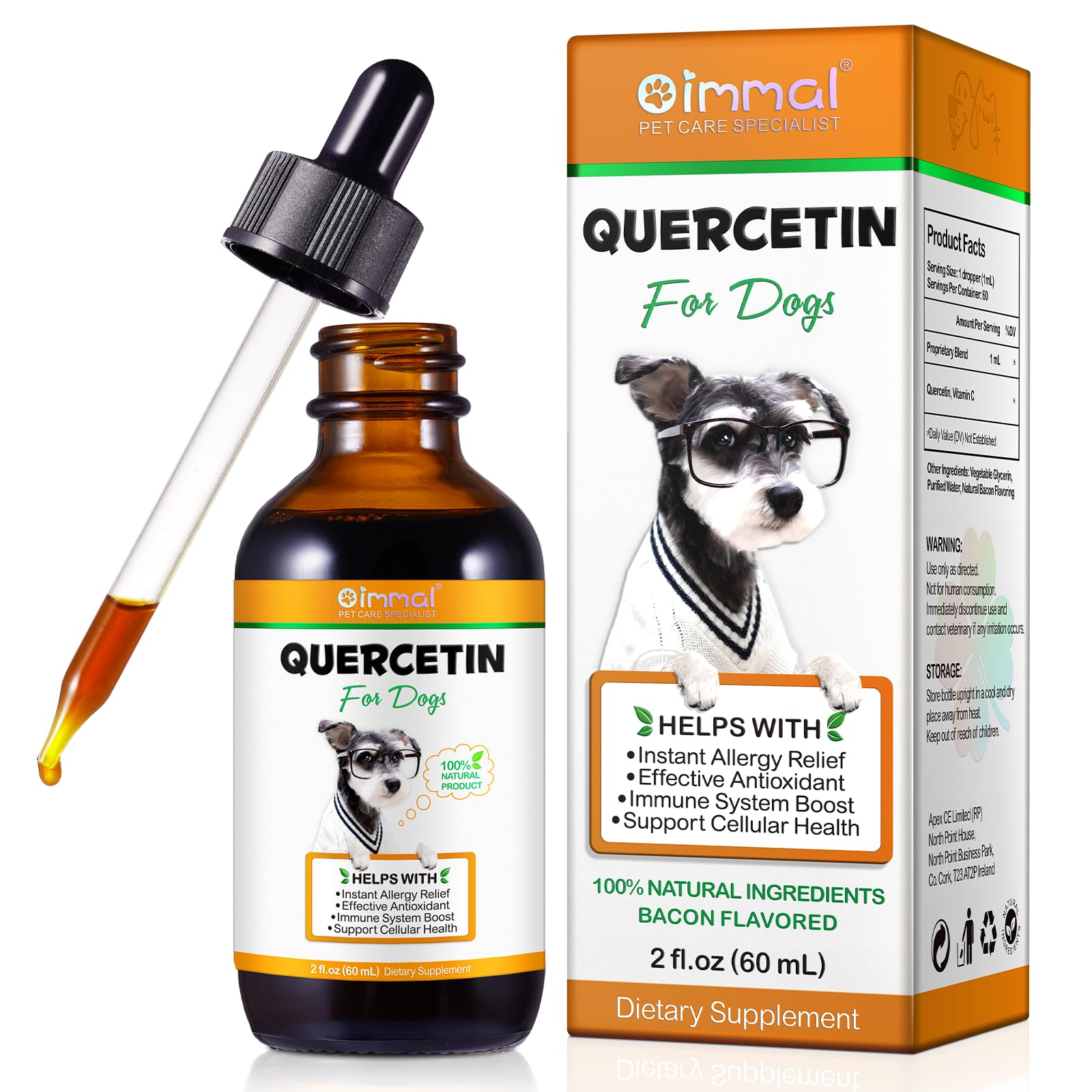 Quercetin for Dogs, Dog Antihistamine Supplement Support Dog Allergy Relief Instant, Dog Itchy Skin Relief, Immune System Boost for All Breeds & Sizes Dogs, Bacon Flavor - 60ml