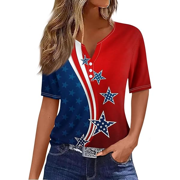 4th of July Outfits for Women USA Shirts for Women Womens Red White and Blue  Shirts 3/4 Length Sleeve Womens Tops V Neck Patriotic Tops (01-Red, Small)  at Amazon Women's Clothing store