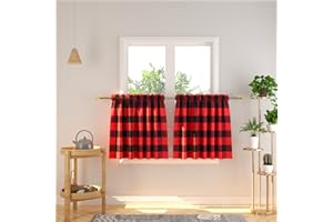 NATUS WEAVER Cafe Curtains 24 inches Long Buffalo Plaid Kitchen Tiers 2 Panels Rod Pocket Gingham Check Short Small Half Window Curtains Bathroom Red & Black
